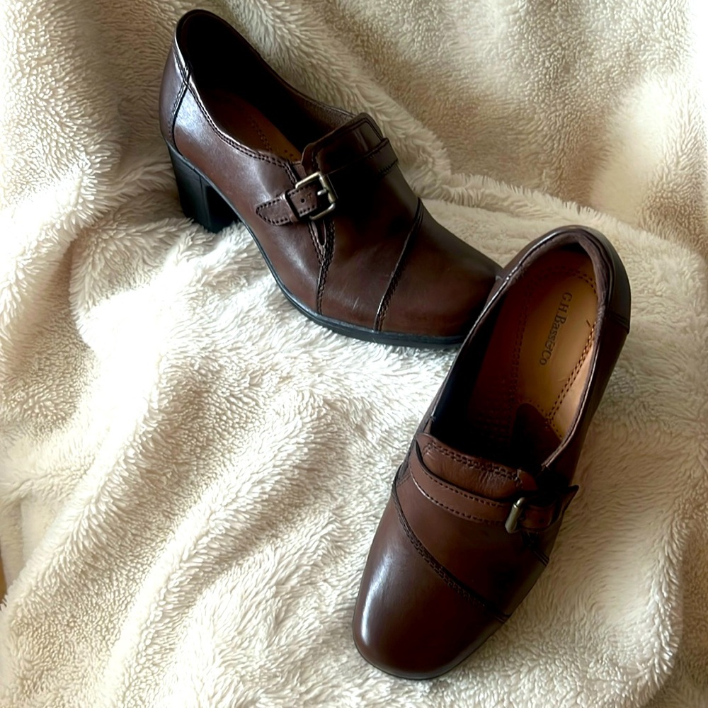 G.H.Bass Brown Leather Talina Heels with Buckle Adornment